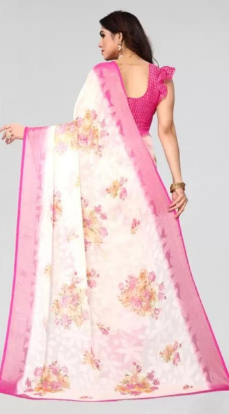 Mayawye Women's Viscose Rayon Printed Saree With Unstitched Blouse (Pink)
