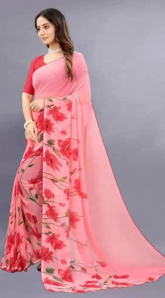 Mayawye Women's Georgette Printed Saree With Unstitched Blouse (Red)