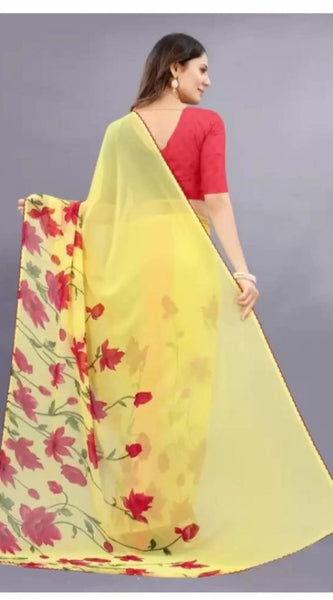 Mayawye Women's Georgette Printed Saree With Unstitched Blouse (Yellow)