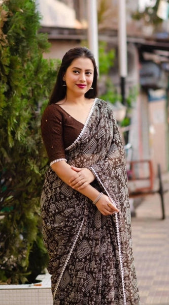 Mayawye Women's Georgette Printed Saree With Unstitched Blouse (Brown)
