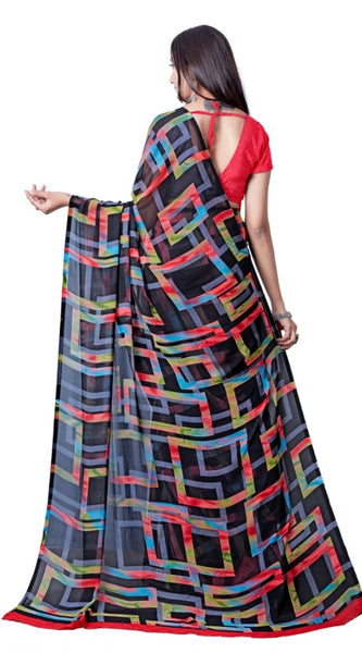 Mayawye Women's Georgette Printed Saree With Unstitched Blouse (Red)