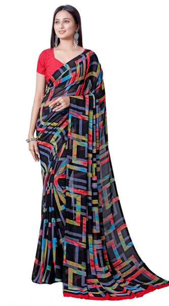 Mayawye Women's Georgette Printed Saree With Unstitched Blouse (Red)