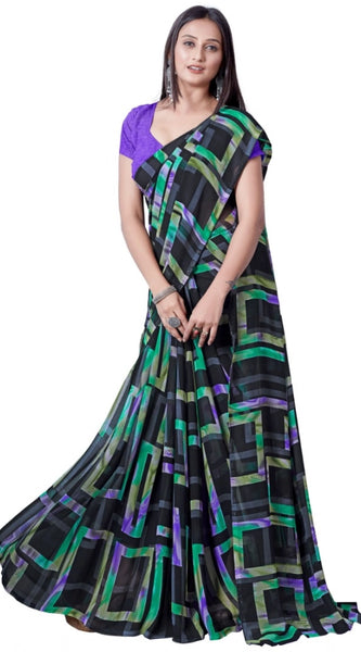 Mayawye Women's Georgette Printed Saree With Unstitched Blouse (Green)