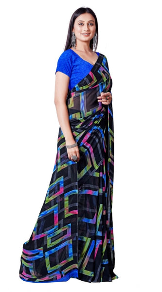 Mayawye Women's Georgette Printed Saree With Unstitched Blouse (Blue)