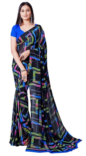 Mayawye Women's Georgette Printed Saree With Unstitched Blouse (Blue)