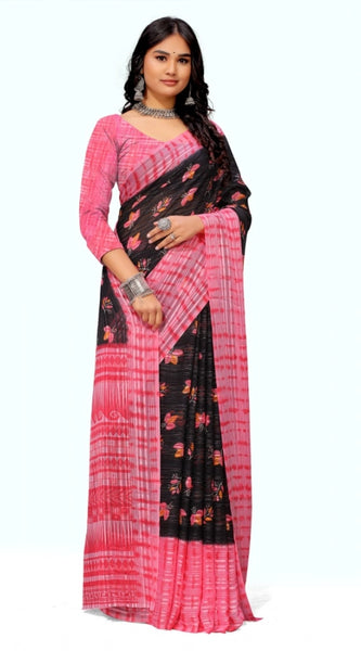 Mayawye Women's Georgette Printed Saree With Unstitched Blouse (Pink)