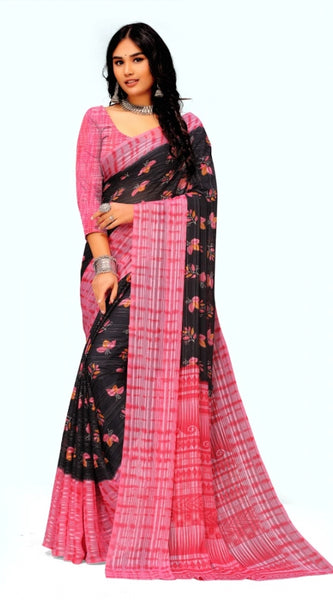 Mayawye Women's Georgette Printed Saree With Unstitched Blouse (Pink)