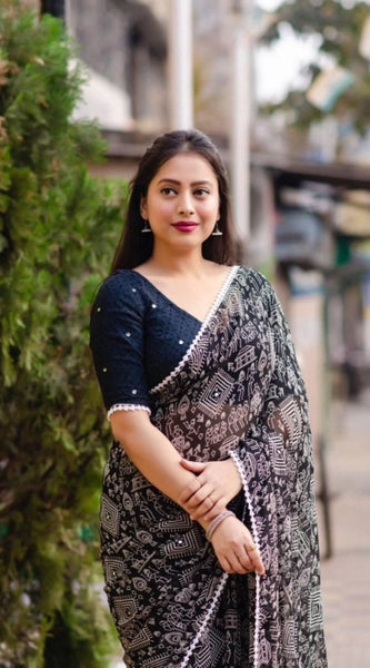 Mayawye Women's Georgette Printed Saree With Unstitched Blouse (Black)