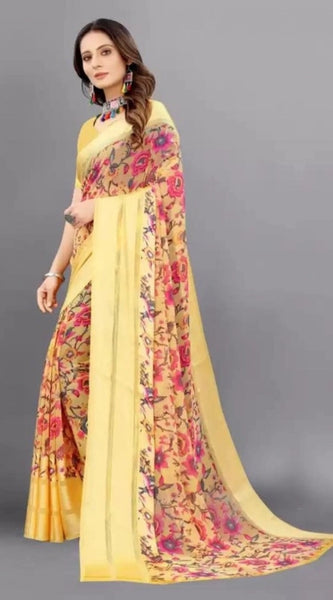 Mayawye Women's Satin Patta Printed Saree With Unstitched Blouse (Yellow)