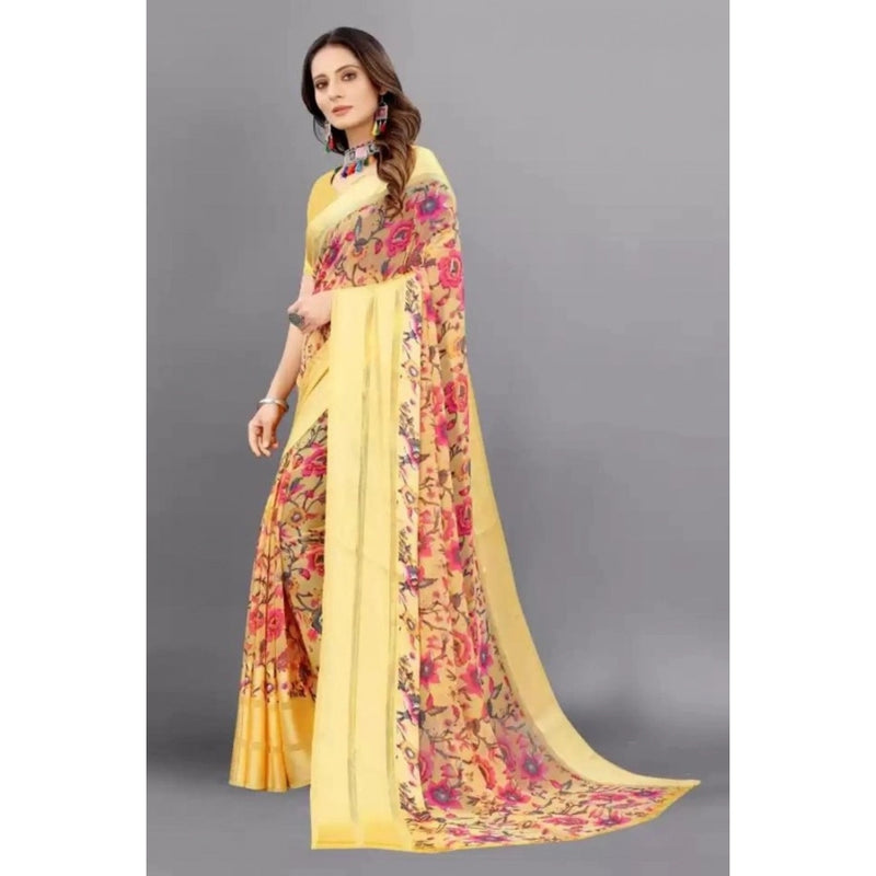 Mayawye Women's Satin Patta Printed Saree With Unstitched Blouse (Yellow)