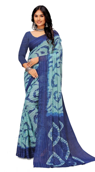 Mayawye Women's Georgette Printed Saree With Unstitched Blouse (Blue)