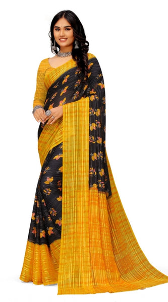 Mayawye Women's Georgette Printed Saree With Unstitched Blouse (Yellow)