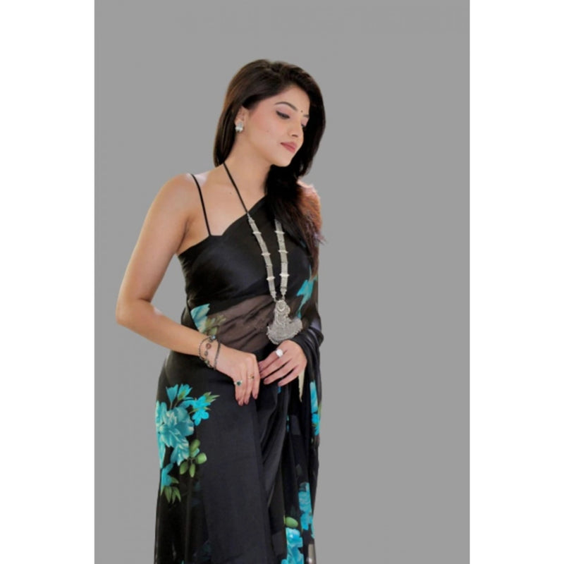 Mayawye Women's Satin Patta Printed Saree With Unstitched Blouse (Blue)
