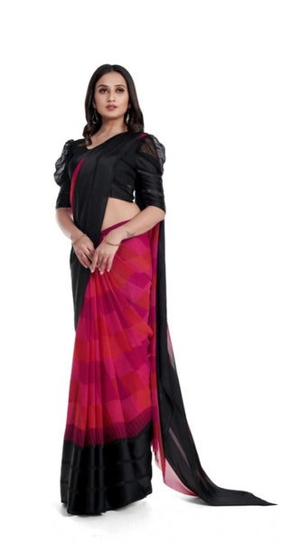 Mayawye Women's Satin Patta Printed Saree With Unstitched Blouse (Pink)