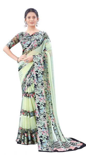 Mayawye Women's Satin Patta Printed Saree With Unstitched Blouse (Cream)