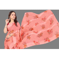 Mayawye Women's Satin Patta Printed Saree With Unstitched Blouse (Peach)