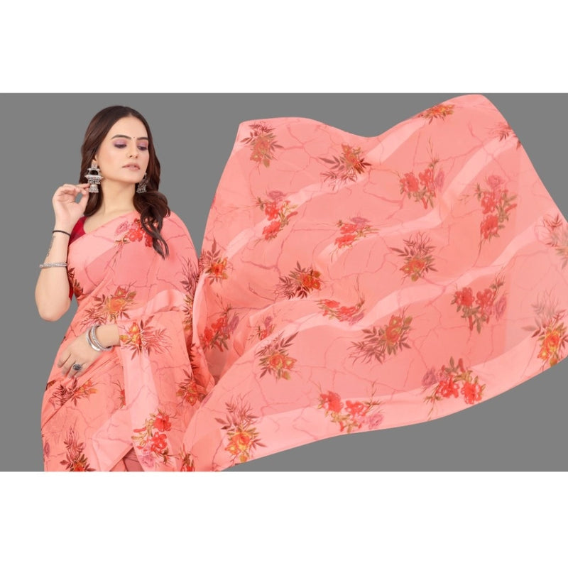 Mayawye Women's Satin Patta Printed Saree With Unstitched Blouse (Peach)