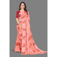 Mayawye Women's Satin Patta Printed Saree With Unstitched Blouse (Peach)
