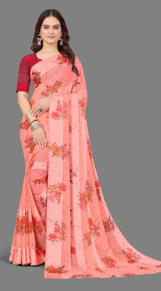 Mayawye Women's Satin Patta Printed Saree With Unstitched Blouse (Peach)