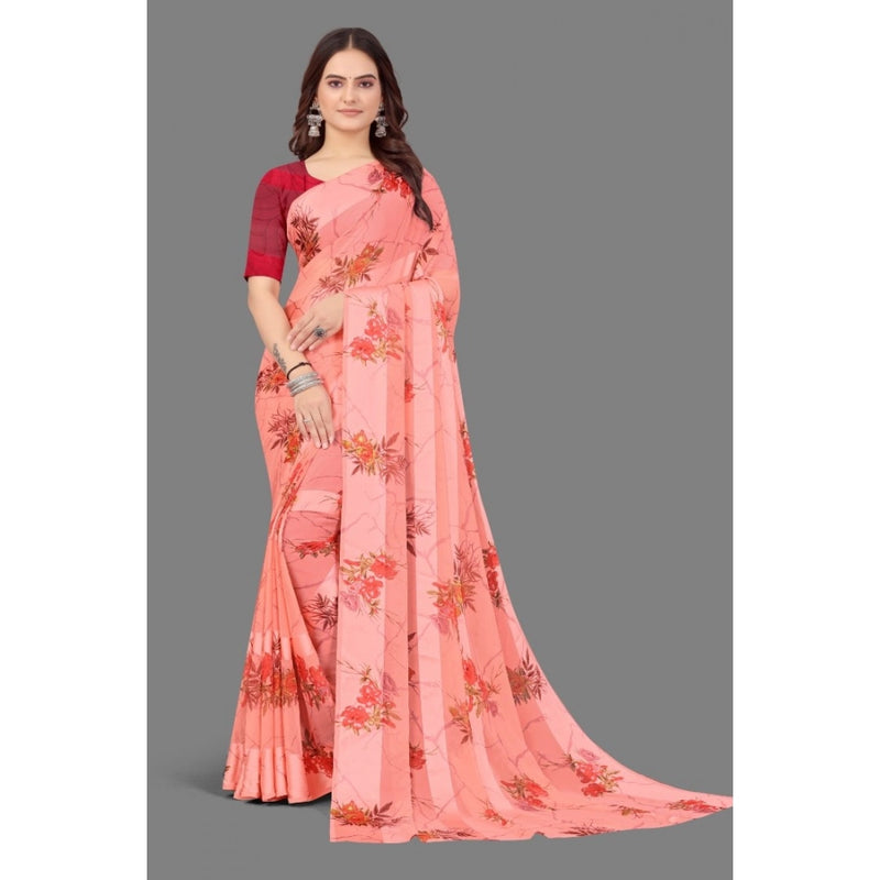 Mayawye Women's Satin Patta Printed Saree With Unstitched Blouse (Peach)