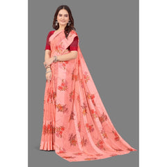 Mayawye Women's Satin Patta Printed Saree With Unstitched Blouse (Peach)