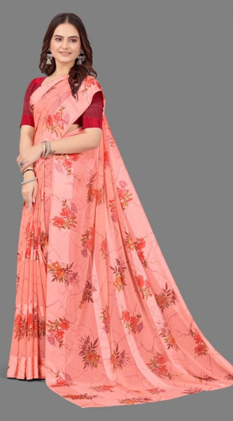 Mayawye Women's Satin Patta Printed Saree With Unstitched Blouse (Peach)