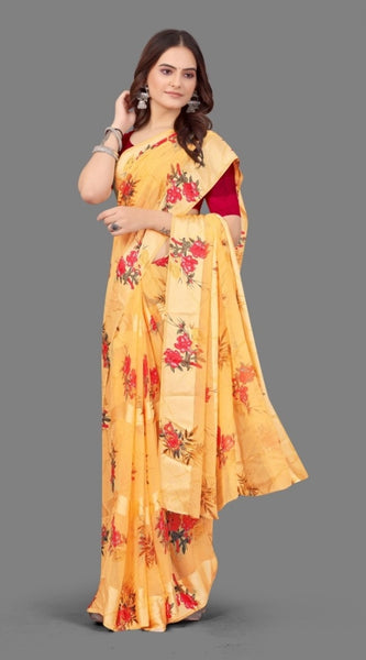 Mayawye Women's Satin Patta Printed Saree With Unstitched Blouse (Beige)