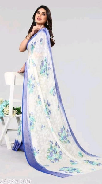 Mayawye Women's Viscose Rayon Printed Saree With Unstitched Blouse (Blue)