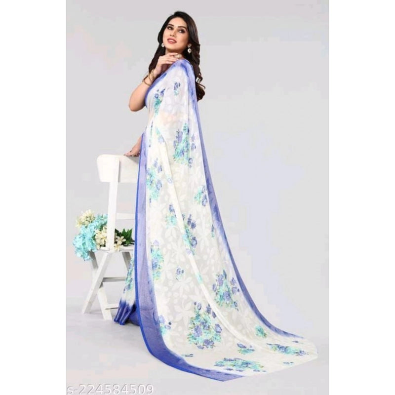Mayawye Women's Viscose Rayon Printed Saree With Unstitched Blouse (Blue)