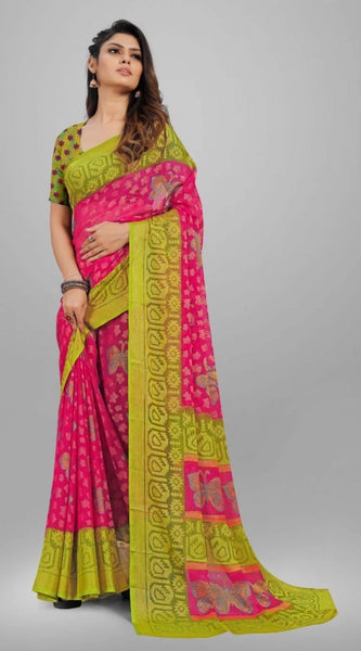 Mayawye Women's Viscose Rayon Printed Saree With Unstitched Blouse (Pink)