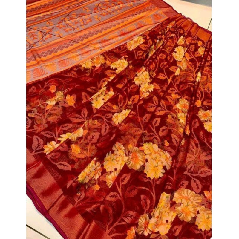 Mayawye Women's Viscose Rayon Printed Saree With Unstitched Blouse (Maroon)