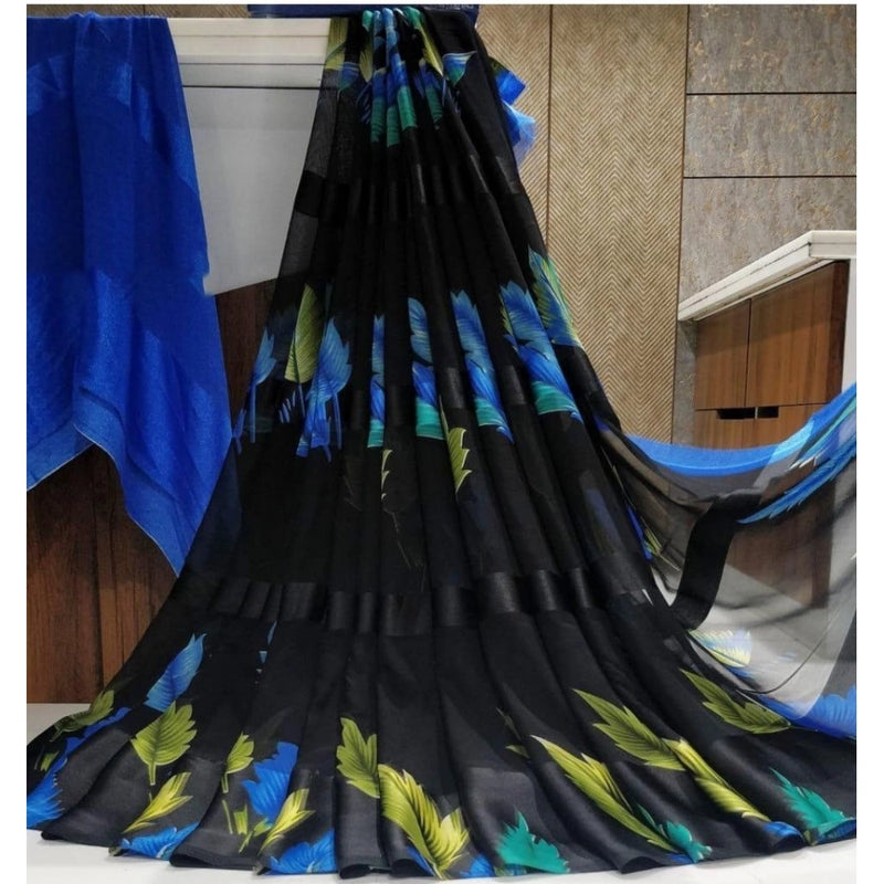 Mayawye Women's Satin Patta Printed Saree With Unstitched Blouse (Blue)