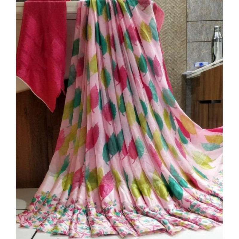 Mayawye Women's Satin Patta Printed Saree With Unstitched Blouse (Pink)