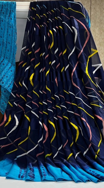 Mayawye Women's Satin Patta Printed Saree With Unstitched Blouse (Blue)