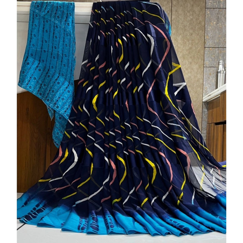 Mayawye Women's Satin Patta Printed Saree With Unstitched Blouse (Blue)