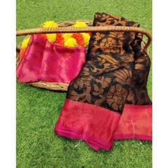 Mayawye Women's Viscose Rayon Printed Saree With Unstitched Blouse (Black Pink)