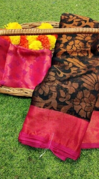 Mayawye Women's Viscose Rayon Printed Saree With Unstitched Blouse (Black Pink)