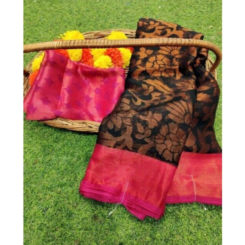 Mayawye Women's Viscose Rayon Printed Saree With Unstitched Blouse (Black Pink)
