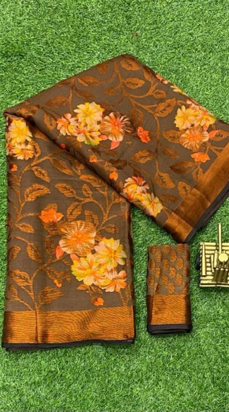 Mayawye Women's Viscose Rayon Printed Saree With Unstitched Blouse (Brown)