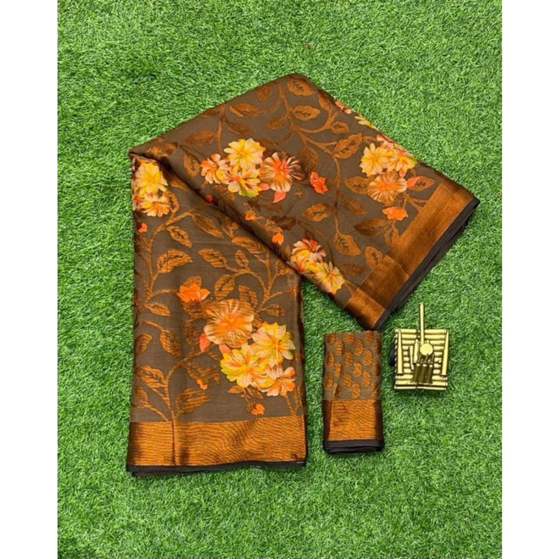 Mayawye Women's Viscose Rayon Printed Saree With Unstitched Blouse (Brown)