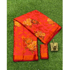 Mayawye Women's Viscose Rayon Printed Saree With Unstitched Blouse (Red)