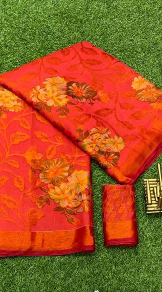 Mayawye Women's Viscose Rayon Printed Saree With Unstitched Blouse (Red)