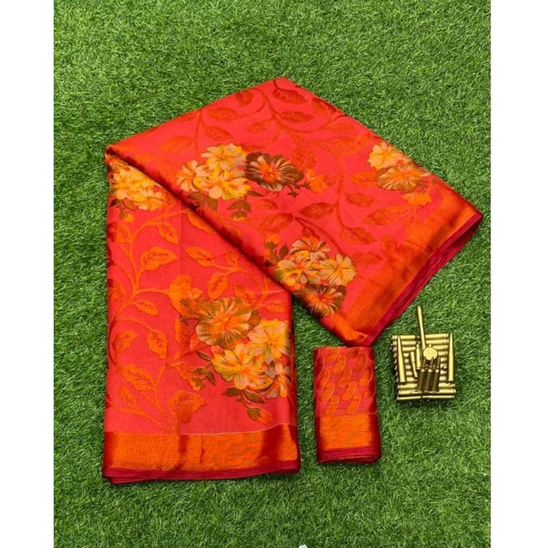 Mayawye Women's Viscose Rayon Printed Saree With Unstitched Blouse (Red)