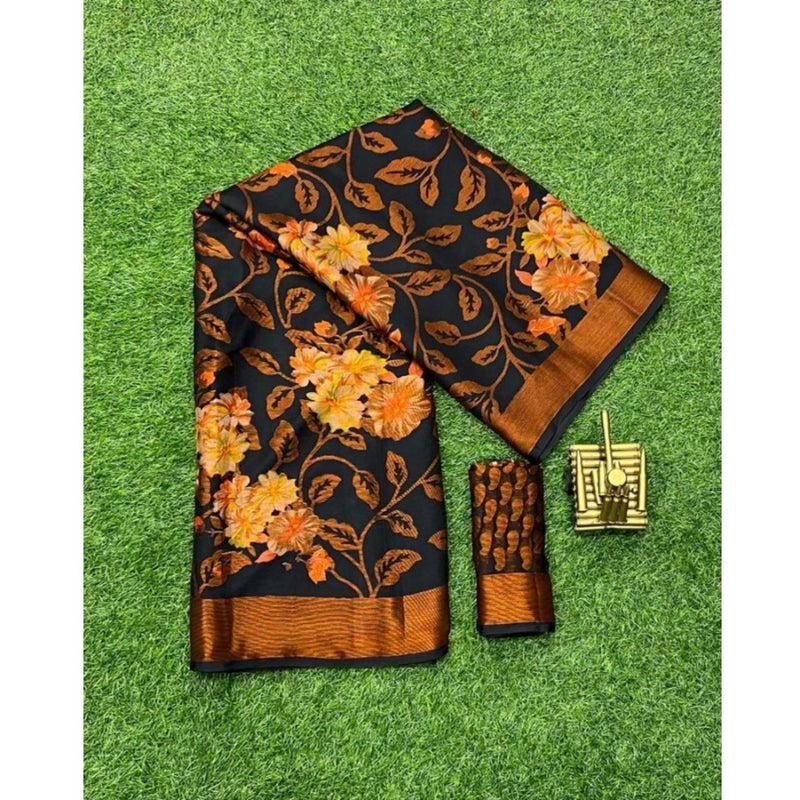 Mayawye Women's Viscose Rayon Printed Saree With Unstitched Blouse (Black)