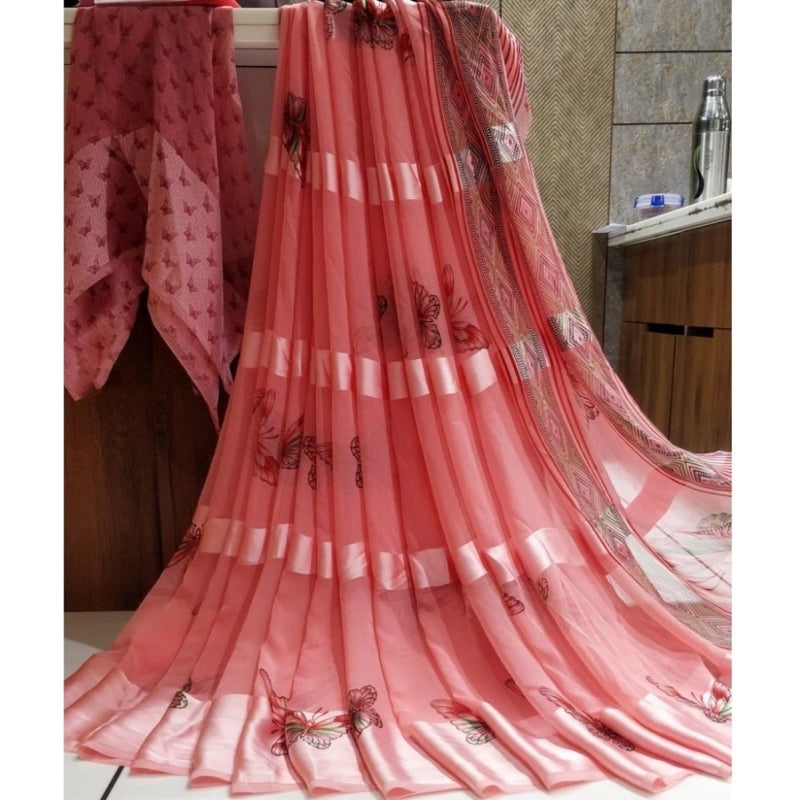 Mayawye Women's Satin Patta Printed Saree With Unstitched Blouse (Pink)