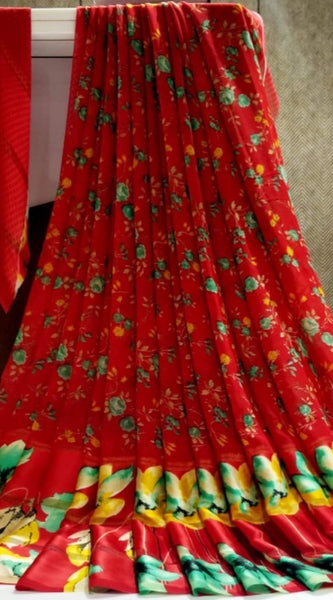 Mayawye Women's Satin Patta Printed Saree With Unstitched Blouse (Red)