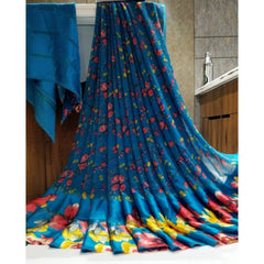 Mayawye Women's Satin Patta Printed Saree With Unstitched Blouse (Navy Blue)