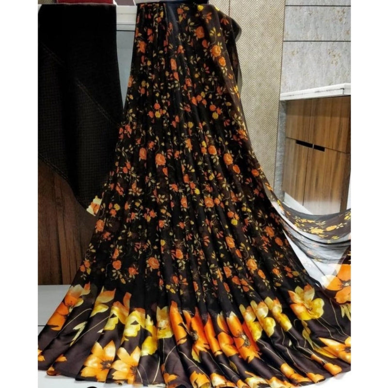 Mayawye Women's Satin Patta Printed Saree With Unstitched Blouse (Brown)
