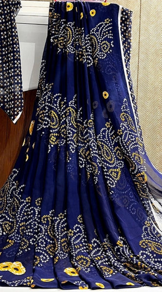 Mayawye Women's Georgette Printed Saree With Unstitched Blouse (Navy Blue)