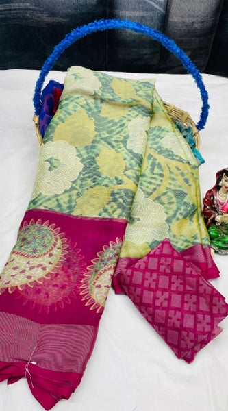 Mayawye Women's Viscose Rayon Printed Saree With Unstitched Blouse (Rani)
